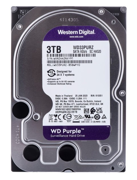 Dysk HDD WD Purple WD33PURZ (3 TB ; 3.5"; 256 MB; 5400 obr/min) Dysk HDD WD Purple WD33PURZ (3 TB ; 3.5"; 256 MB; 5400 obr/min)