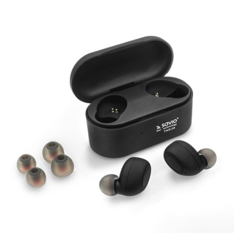 Słuchawki SAVIO TWS-04 (bluetooth; bezprzewodowe, Bluetooth; z wbudowanym mikrofonem; kolor czarny Słuchawki SAVIO TWS-04 (bluetooth; bezprzewodowe, Bluetooth; z wbudowanym mikrofonem; kolor czarny