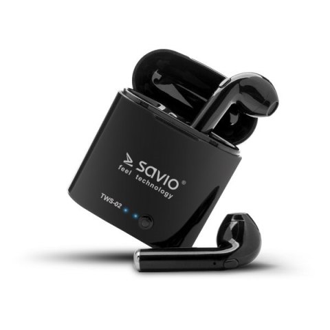Słuchawki bezprzewodowe SAVIO TWS-02 (douszne; bezprzewodowe, Bluetooth; z wbudowanym mikrofonem; kolor czarny Słuchawki bezprzewodowe SAVIO TWS-02 (douszne; bezprzewodowe, Bluetooth; z wbudowanym mikrofonem; kolor czarny