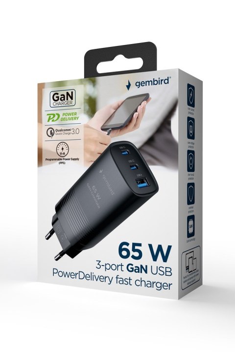 GEMBIRD SZYBKA ŁADOWARKA USB POWER DELIVERY USB TYPU C, 3X USB, 65 W, GAN CZARNA GEMBIRD SZYBKA ŁADOWARKA USB POWER DELIVERY USB TYPU C, 3X USB, 65 W, GAN CZARNA
