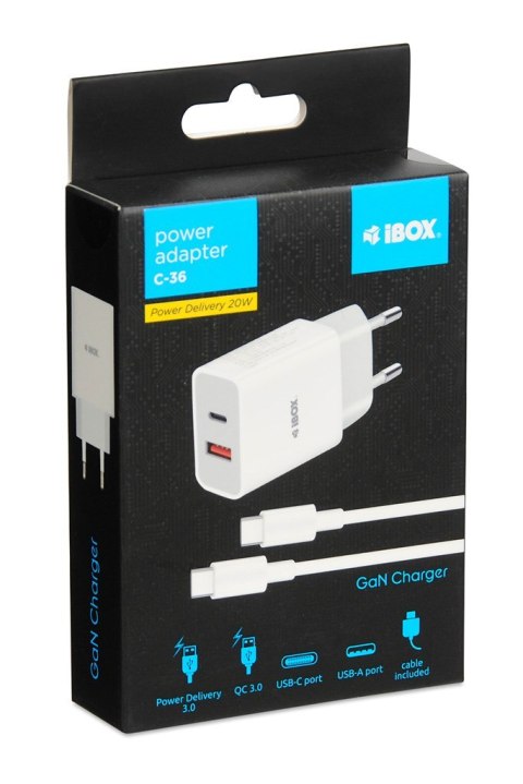 ŁADOWARKA SIECIOWA I-BOX C-36 PD20W USB-C + USB-A ŁADOWARKA SIECIOWA I-BOX C-36 PD20W USB-C + USB-A