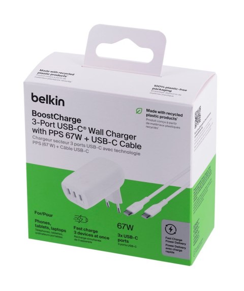 Ładowarka Belkin BoostCharge 3 Port USB-C PD 3.1 PPS Wall Charger 67W + USB-C to USB-C Cable 2m White Ładowarka Belkin BoostCharge 3 Port USB-C PD 3.1 PPS Wall Charger 67W + USB-C to USB-C Cable 2m White