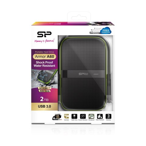 Dysk zewnętrzny HDD Silicon Power Armor A60 (2TB; 2.5"; USB 3.2; 5400 obr/min; Green-Black; SP020TBPHDA60S3K) Dysk zewnętrzny HDD Silicon Power Armor A60 (2TB; 2.5"; USB 3.2; 5400 obr/min; Green-Black; SP020TBPHDA60S3K)