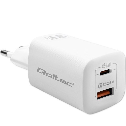QOLTEC ŁADOWARKA SIECIOWA 65W GAN ULTRA | 5-20V | 2.25-3.25A | 1 X USB TYP C PD | 1 X USB QC 3.0 | BIAŁA QOLTEC ŁADOWARKA SIECIOWA 65W GAN ULTRA | 5-20V | 2.25-3.25A | 1 X USB TYP C PD | 1 X USB QC 3.0 | BIAŁA