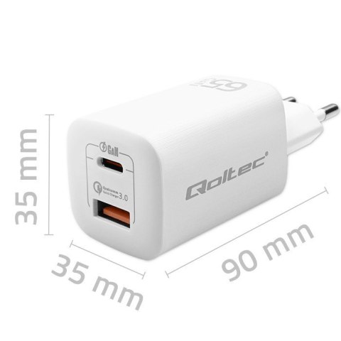 QOLTEC ŁADOWARKA SIECIOWA 65W GAN ULTRA | 5-20V | 2.25-3.25A | 1 X USB TYP C PD | 1 X USB QC 3.0 | BIAŁA QOLTEC ŁADOWARKA SIECIOWA 65W GAN ULTRA | 5-20V | 2.25-3.25A | 1 X USB TYP C PD | 1 X USB QC 3.0 | BIAŁA