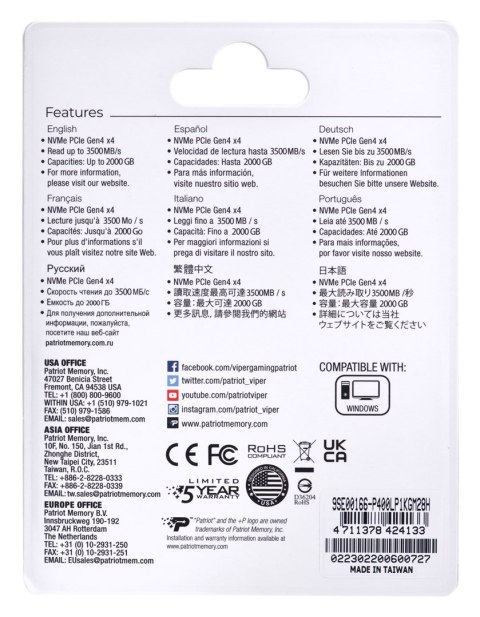SSD Patriot Viper P400 Lite M.2 PCI-Ex4 NVMe 1000GB SSD Patriot Viper P400 Lite M.2 PCI-Ex4 NVMe 1000GB