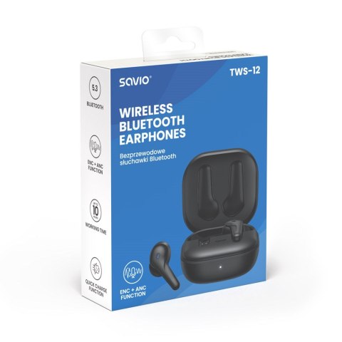 SAVIO SŁUCHAWKI BEZPRZEWODOWE BLUETOOTH 5.3 Z MIKROFONEM, ANC, ENC, QC TWS-12 SAVIO SŁUCHAWKI BEZPRZEWODOWE BLUETOOTH 5.3 Z MIKROFONEM, ANC, ENC, QC TWS-12